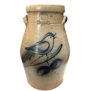 1987 ROWE Pottery Salt Glazed 9" Vase Jar Crock w/ Blue Bird - Handmade Vintage